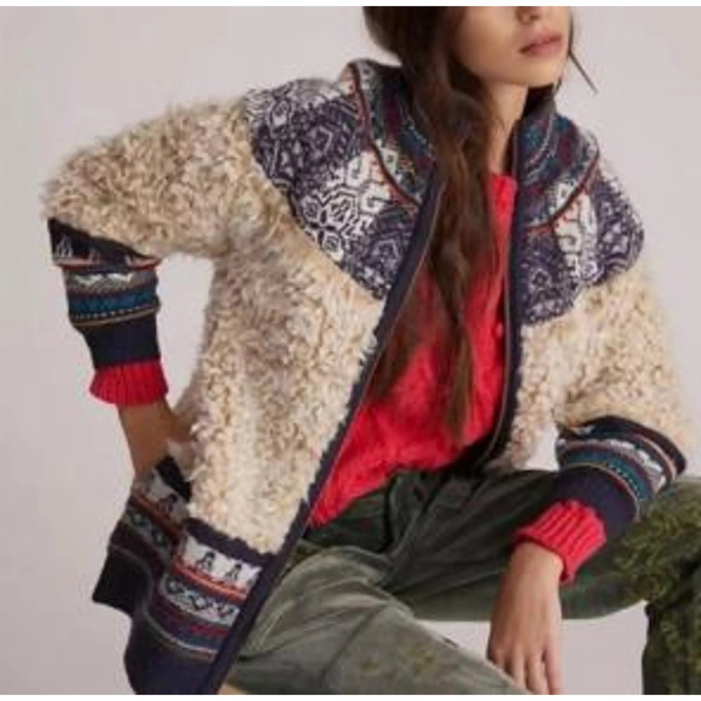 Anthropologie Pilcro‎ Longline Sherpa Bomber Jacket Teddy Bohus Fair Isle Size S